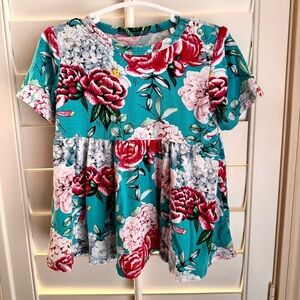 Posh Peanut Bamboo Peplum Top/Short Dress 2T Floral Peony Hydrangea Teal